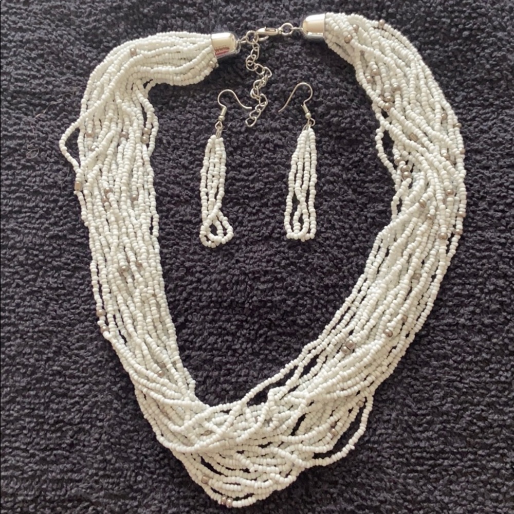 White seed bead necklace with matching earrings